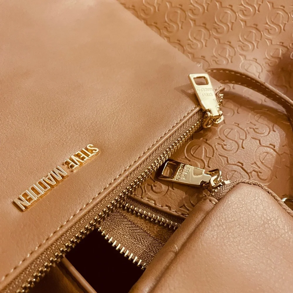 Steve Madden Bags x 3: one Light Brown Shoulder Tote, a Pouch & a keychain Bag